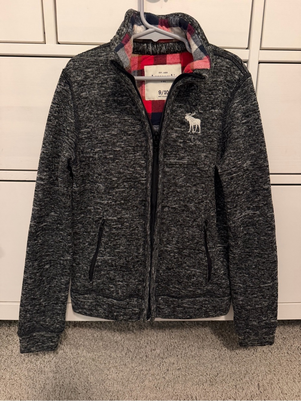 Abercrombie & Fitch Kids Charcoal Full-Zip Jacket with Red Plaid Lining